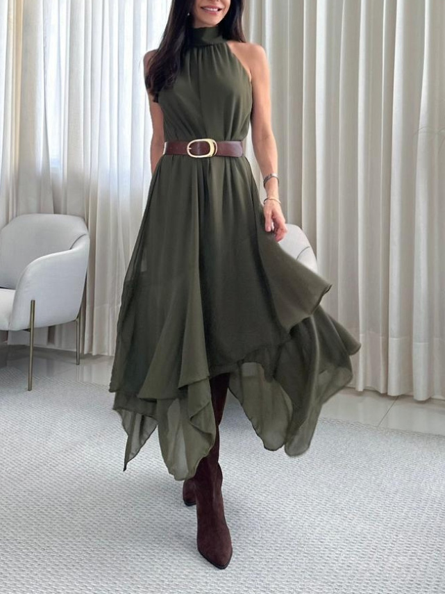 Elegant Backless Asymmetrical Ruffle Hem Chiffon Maxi Dress
