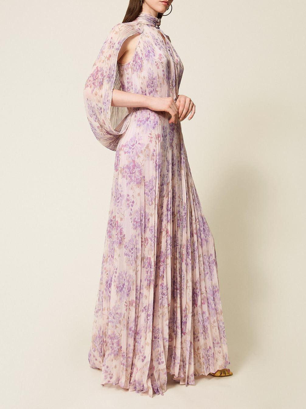 Elegant High Neck Cape Sleeve Ruched Maxi Dress