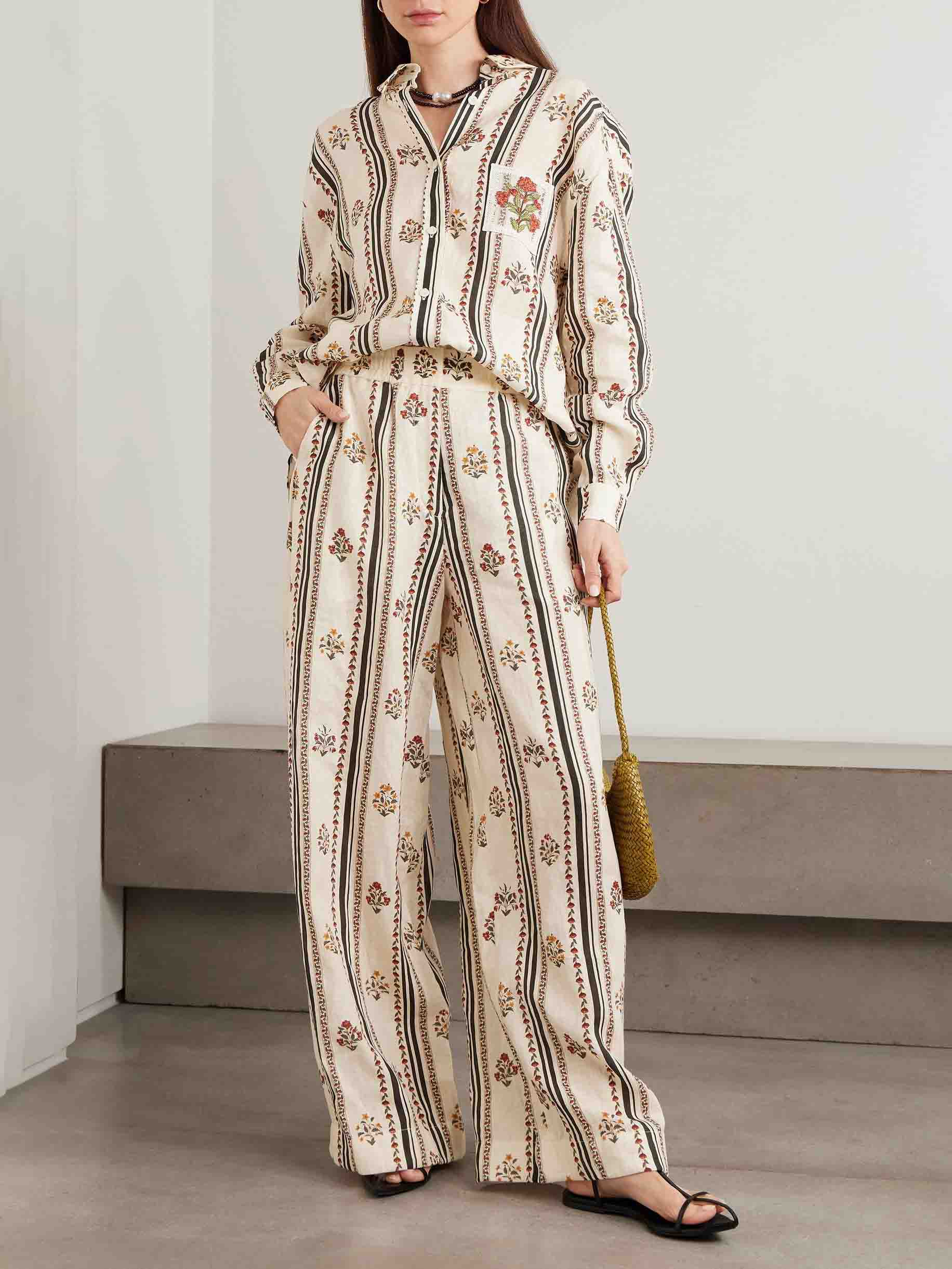 Bohemian Printed Striped Shirt & Wide Leg Pants Two-Piece Set