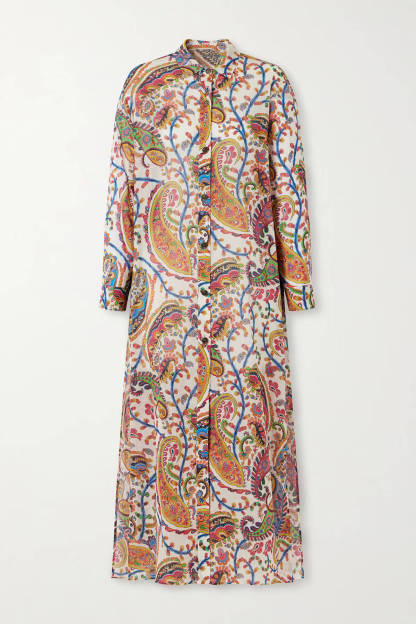 Unique Casual Tie-Waist Paisley Print Midi Shirt Dress