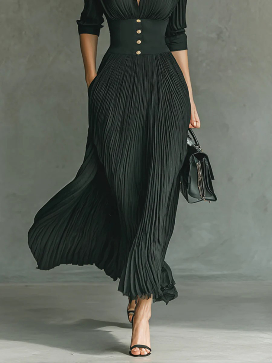 Elegant Pleated Lapel Long-sleeved Maxi Dress