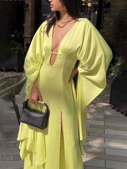 Elegant V-neck Drawstring Satin Maxi Dress