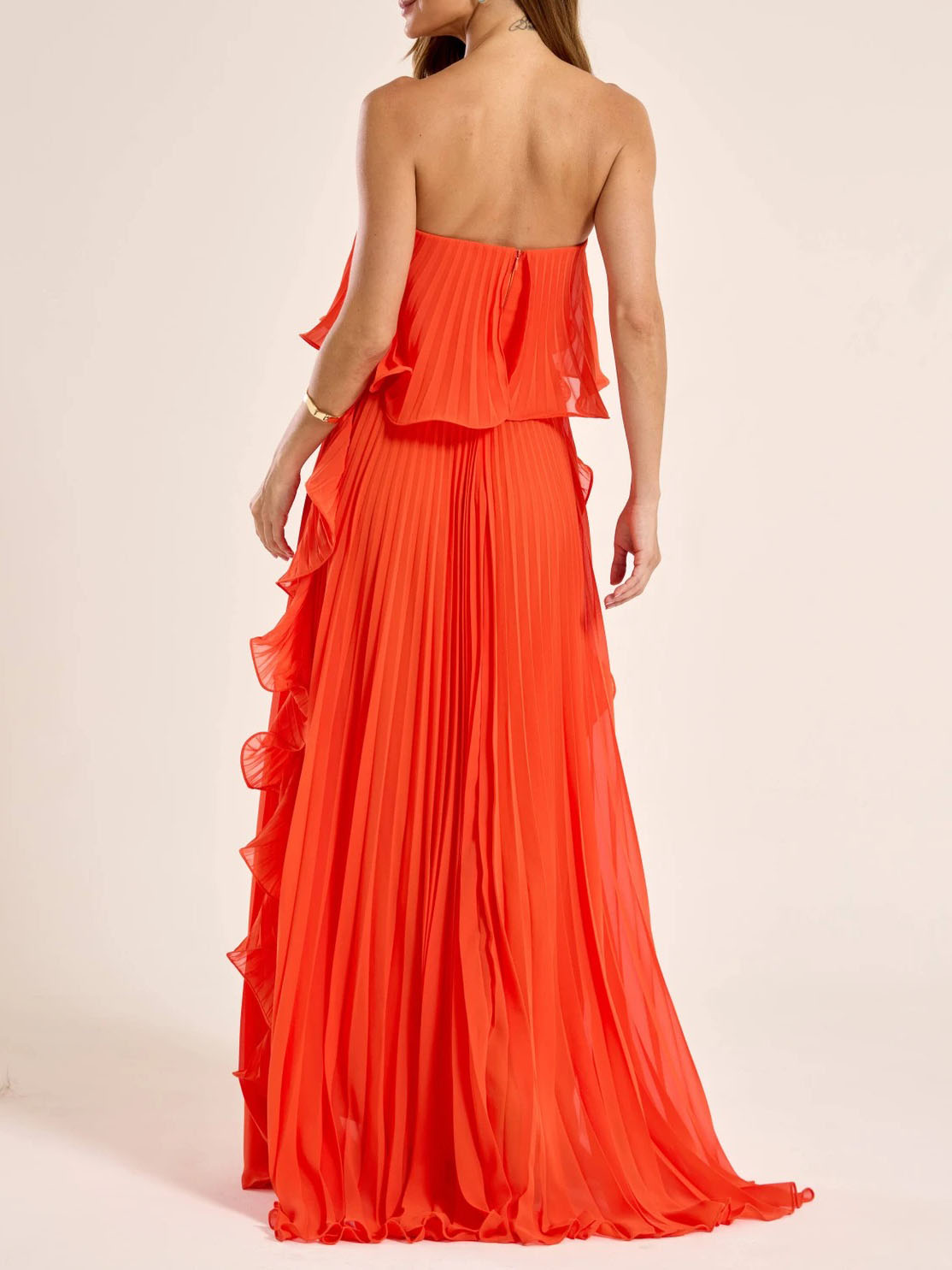 Vestido Maxi de Chifón con Pliegues y Volantes sin Tirantes Elegante