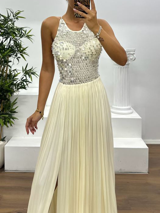 Elegant Sequined Pleated High Slit Maxi Dress