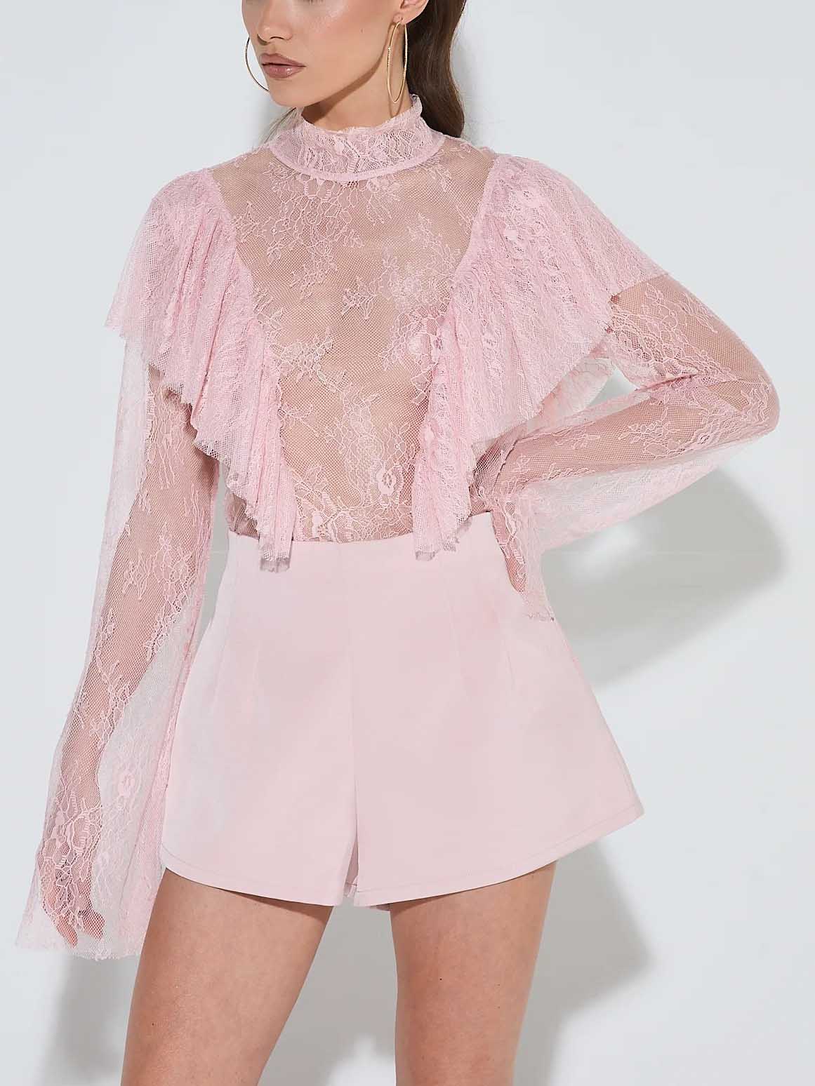 Elegant Lace Turtleneck Top And Shorts Two-piece Set