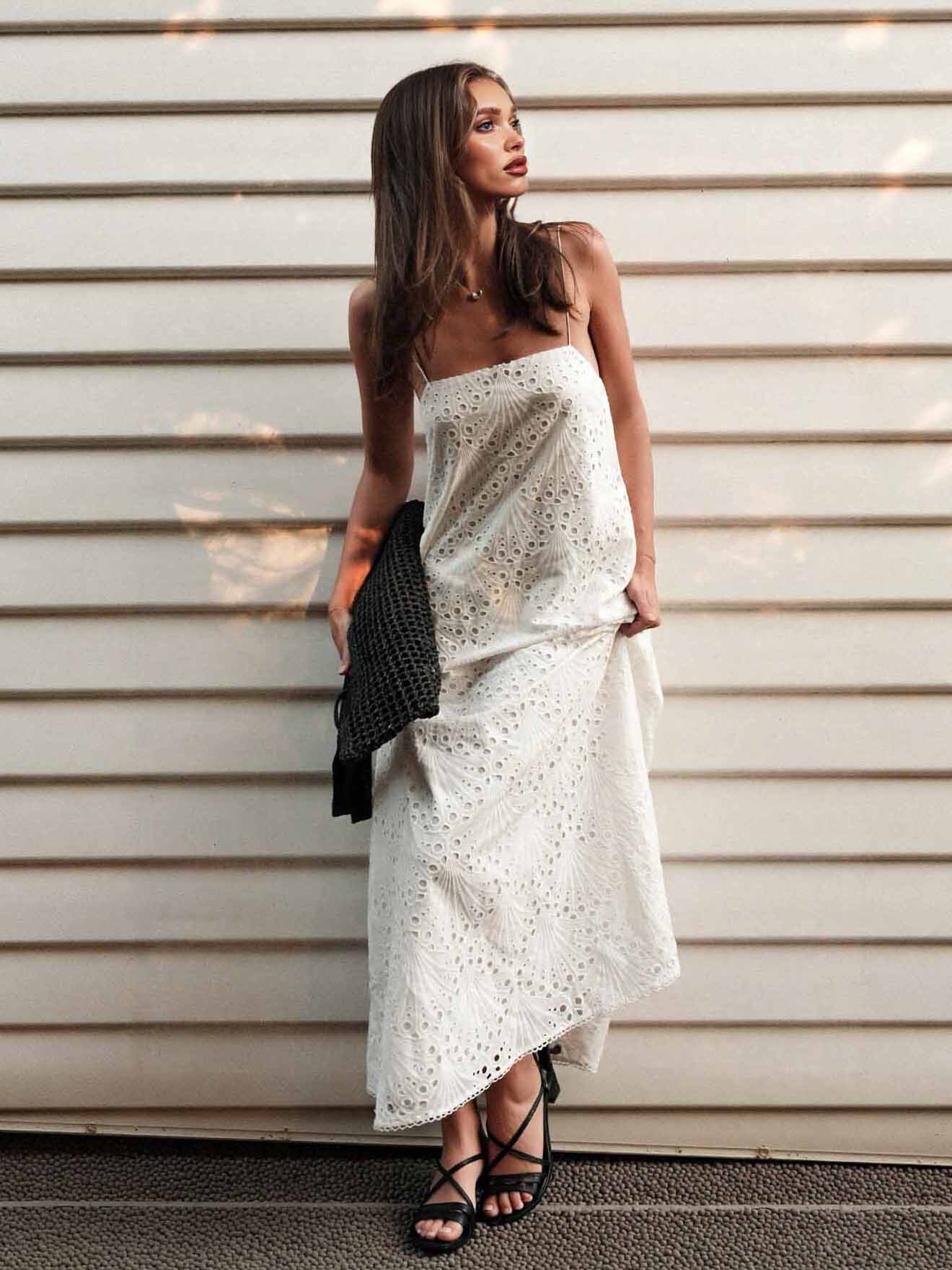 Exquisite Shell Cutout Embroidered Spaghetti Strap Maxi Dress