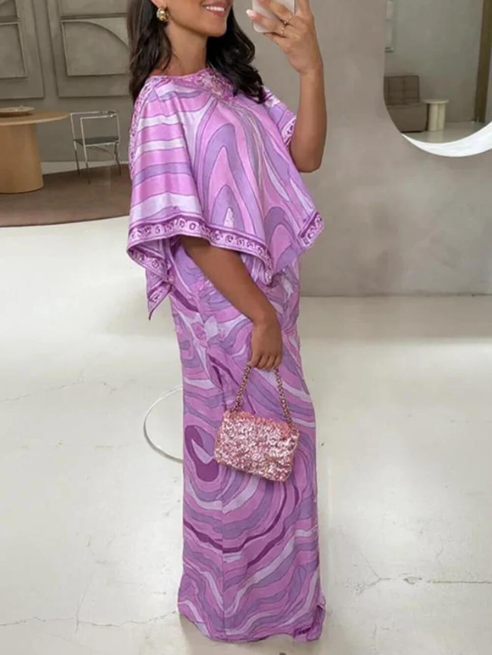 Casual Satin Placement Print Cape Top