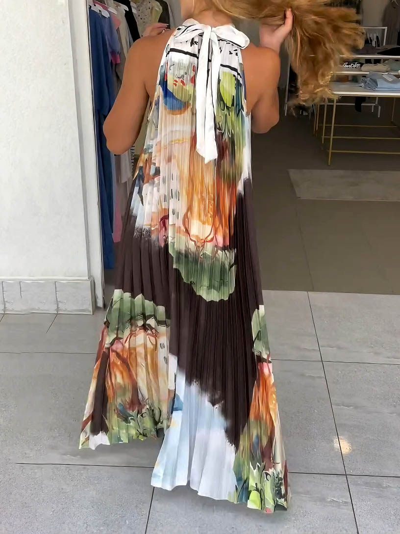 Unique Abstract Landscape Print Pleated Maxi Dress