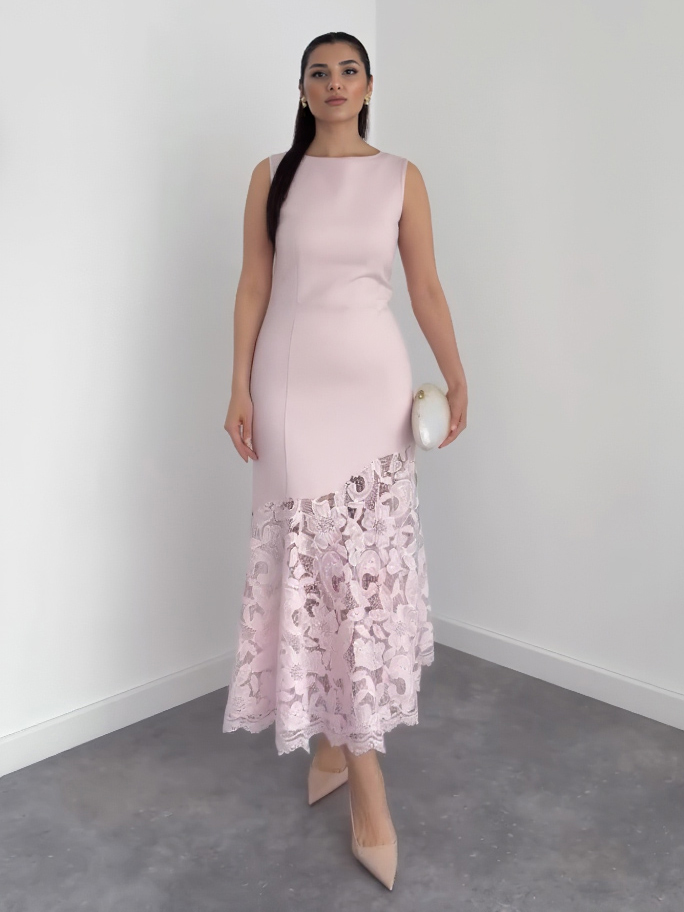 Elegant Sleeveless Lace Hem Mermaid Maxi Dress