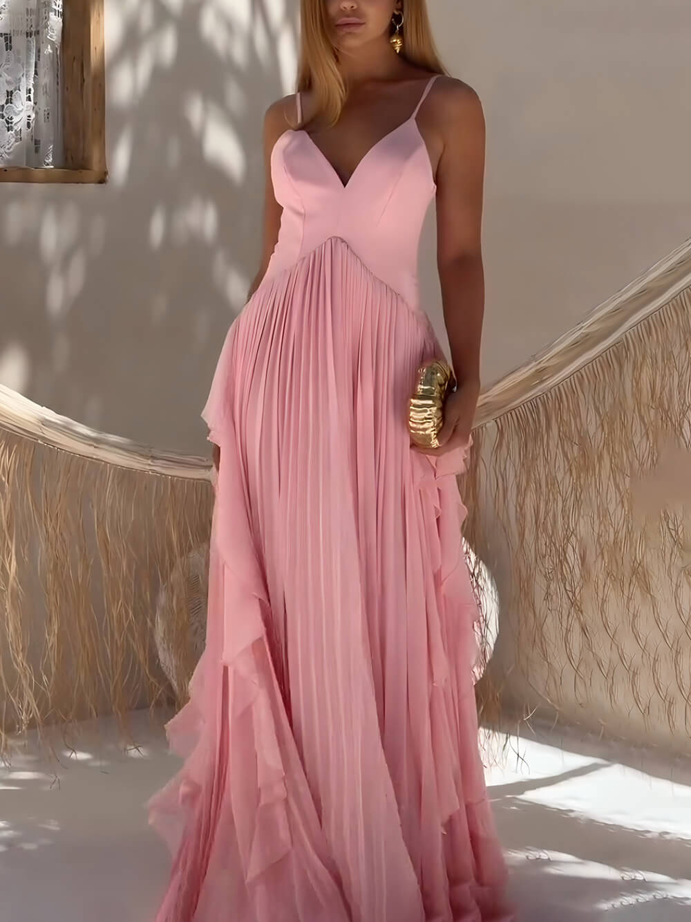 Delicate Pink Layered Patchwork Ruched Party Maxi Dress