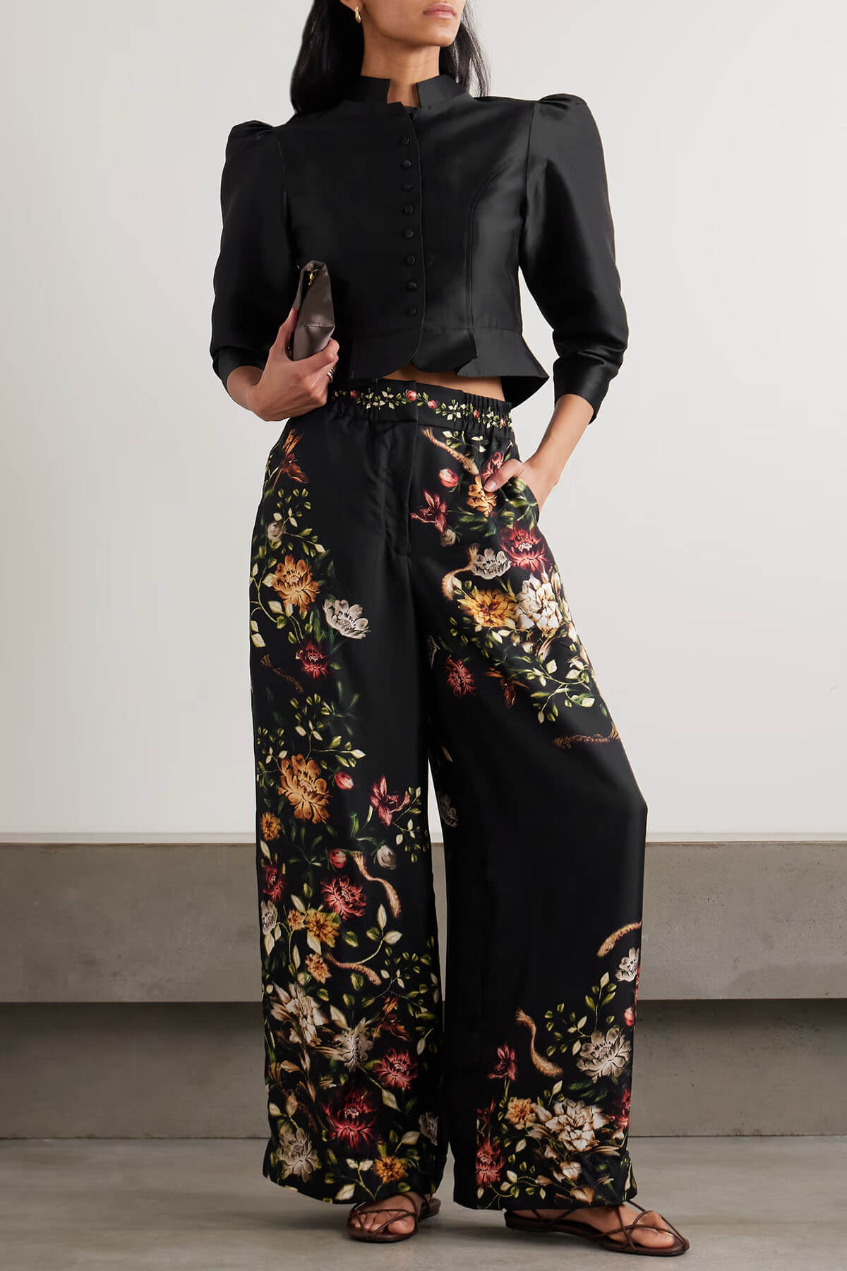 Exquisite Ruched Twill Crop Top & Floral Satin Wide-Leg Pants Set