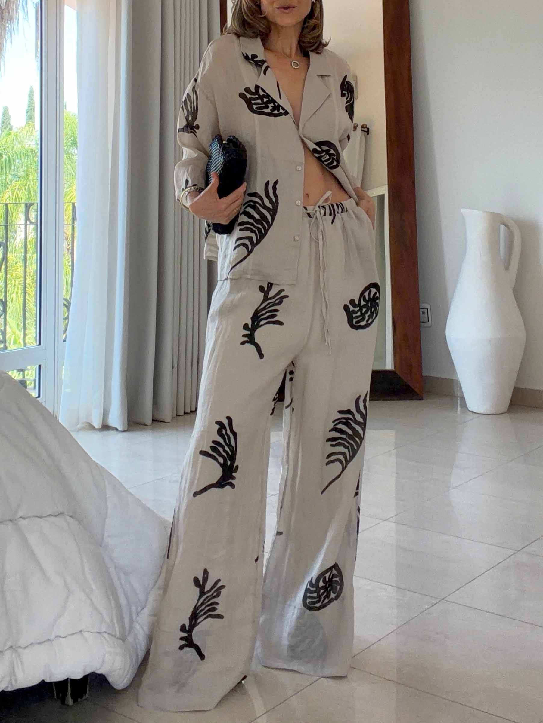 Exquisite Tropical Leaf Print Shirt & Pants Two-Piece Set