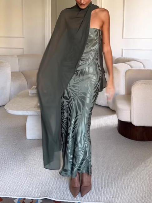 Elegant Satin Jacquard Strapless Maxi Dress