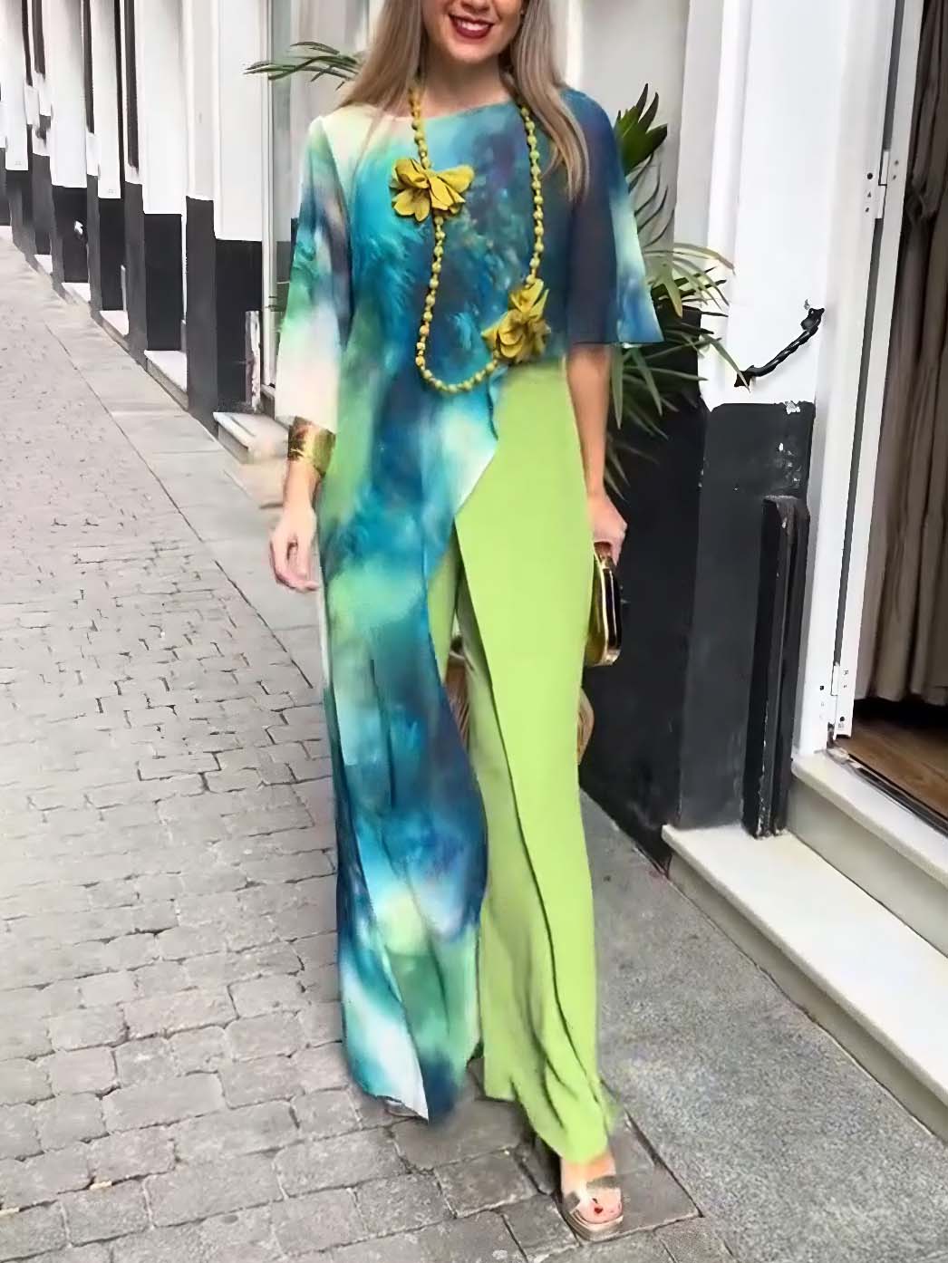 Abstract Watercolor Print Asymmetrical Two-piece Set