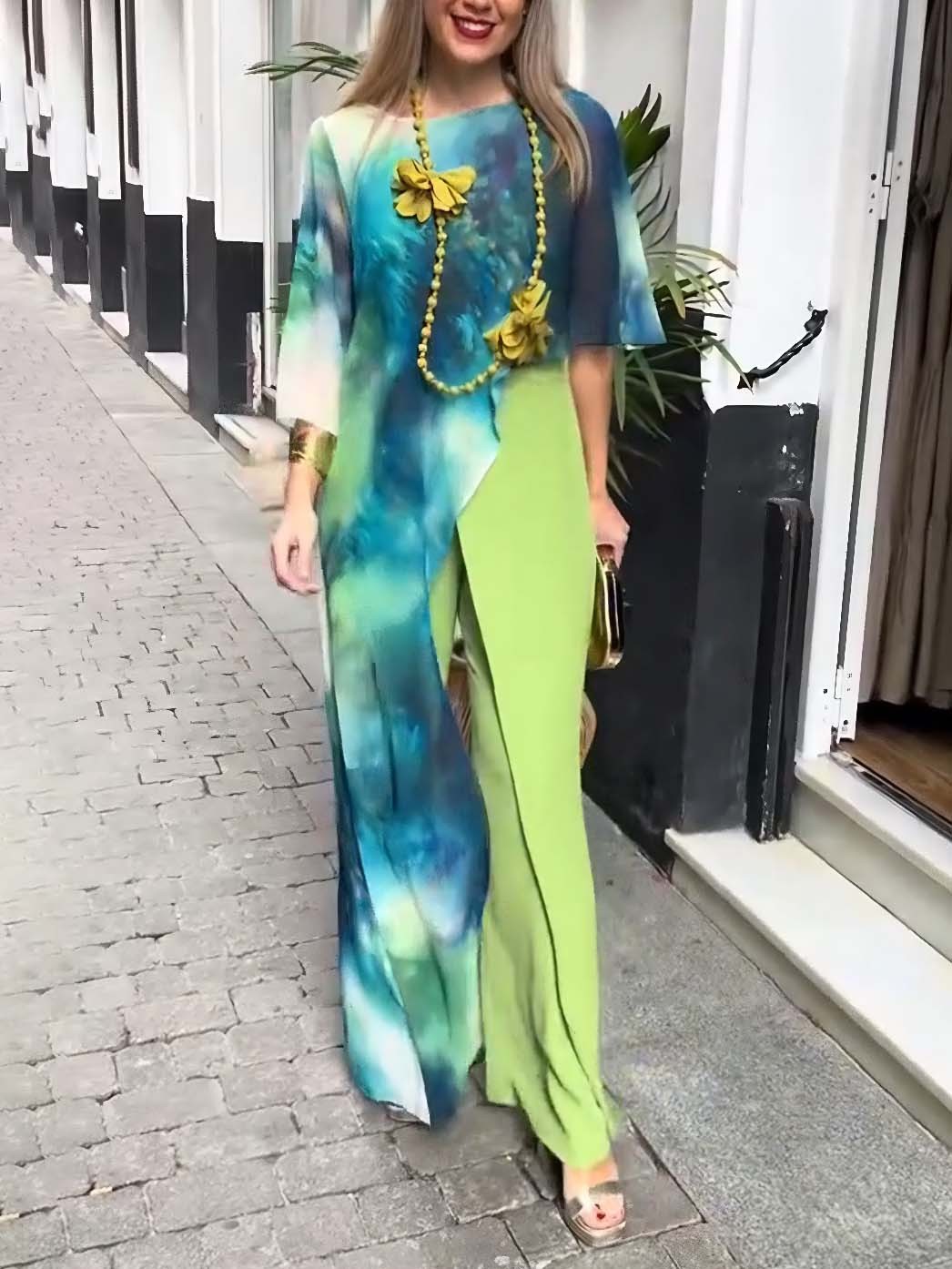 Abstract Watercolor Print Asymmetrical Two-piece Set