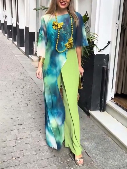 Abstract Watercolor Print Asymmetrical Two-piece Set