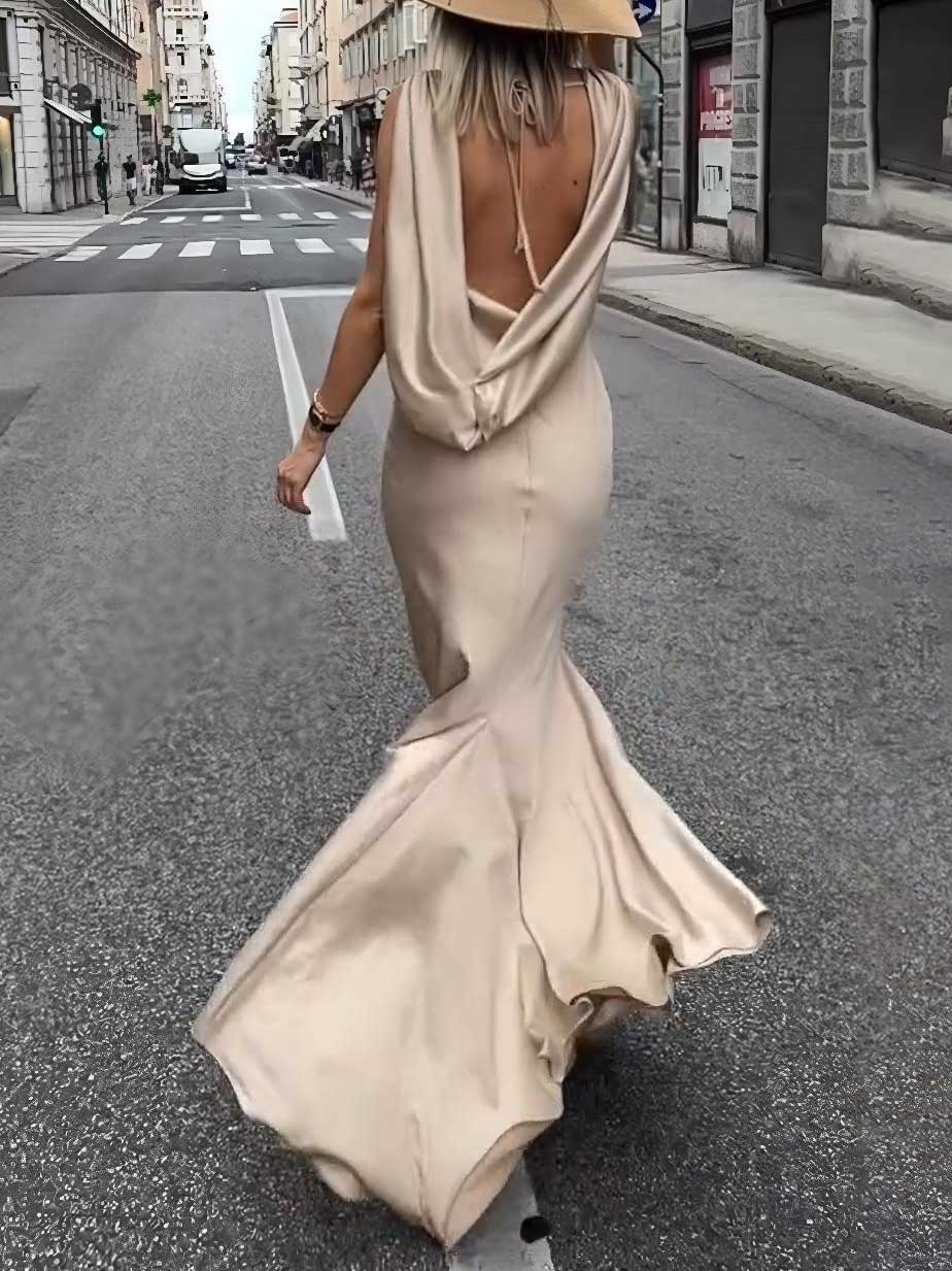Elegant Satin Sleeveless Backless Gown Maxi Dress