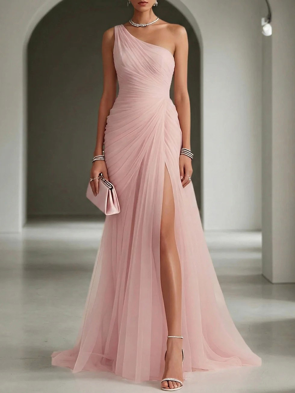 Elegant One-Shoulder Ruched Tulle High Slit Maxi Dress