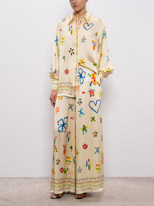 Unique Satin Hand-Painted Watercolor Print Lapel Button Shirt Two-Piece Set