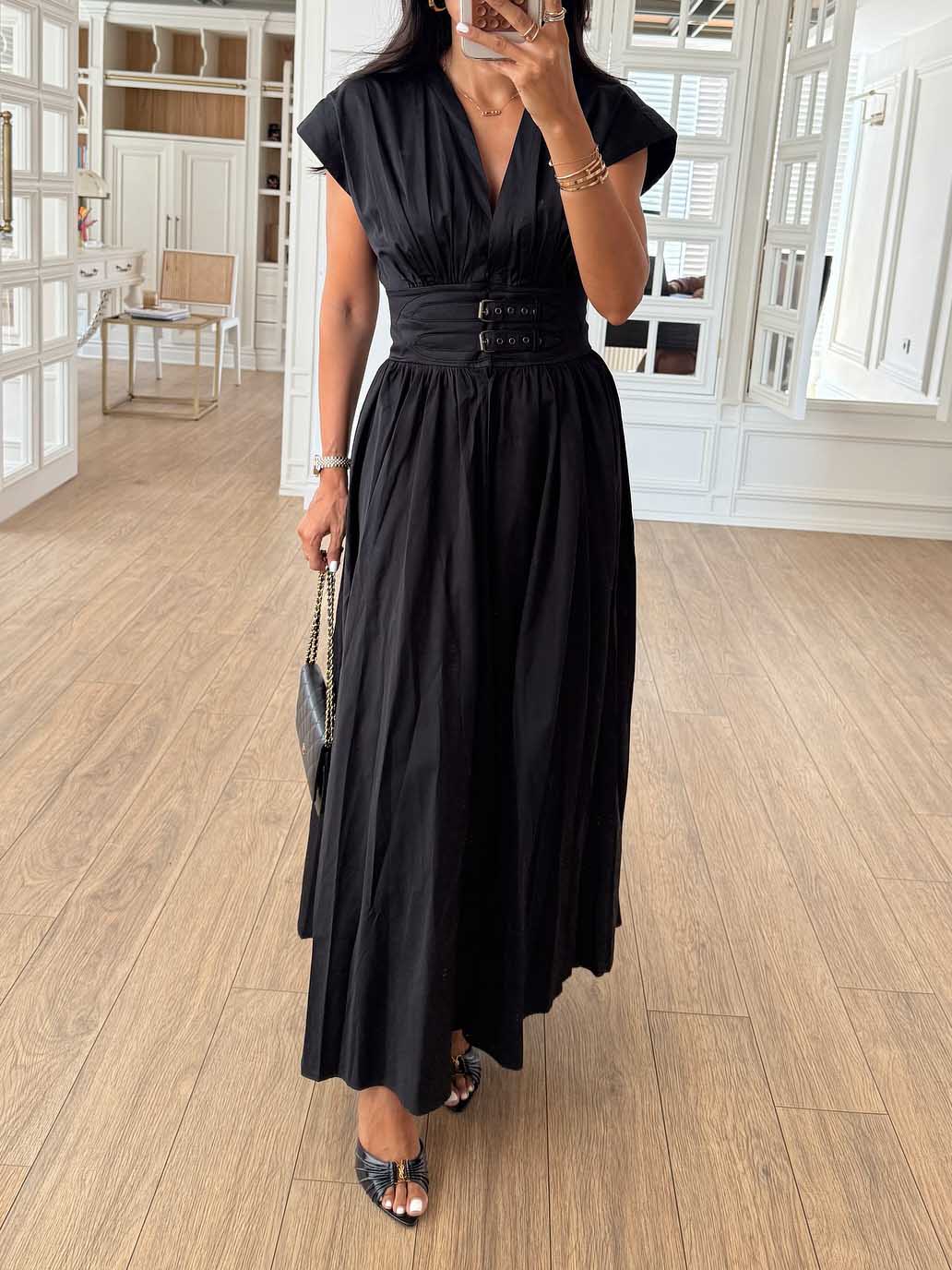 Exquisite V-neck Waist Pleated Shirt-style Maxi Dress