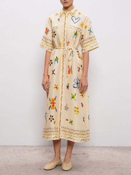 Elegant Hand-Painted Watercolor Print Shirt Midi Dress