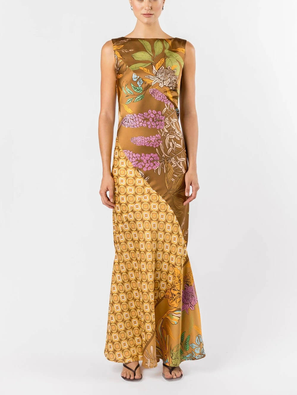 Exquisite Floral Print Satin A-Line Flared Maxi Dress