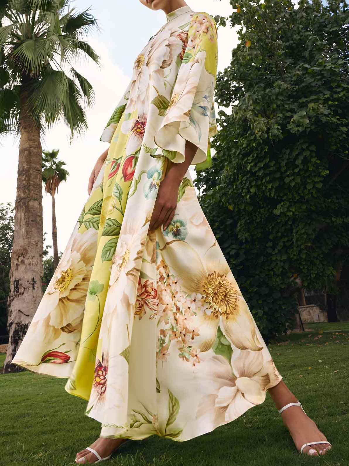 Elegant Floral Print Bell Sleeve Maxi Dress