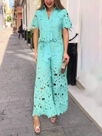 Casual Cutout Lace Wide-Leg Pants