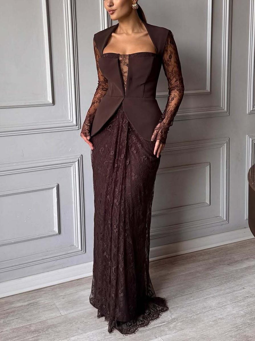 Elegant Lace Pleated Evening Gown Maxi Dress