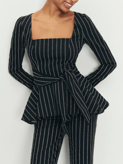 Elegant Striped Square Neck Belted Ruffled Shirt