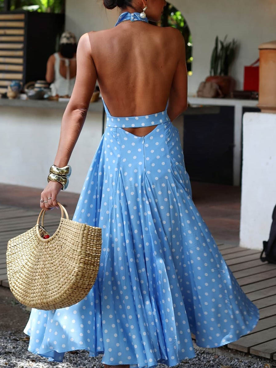 Elegant Polka Dot Print Open Back Puffy Maxi Dress