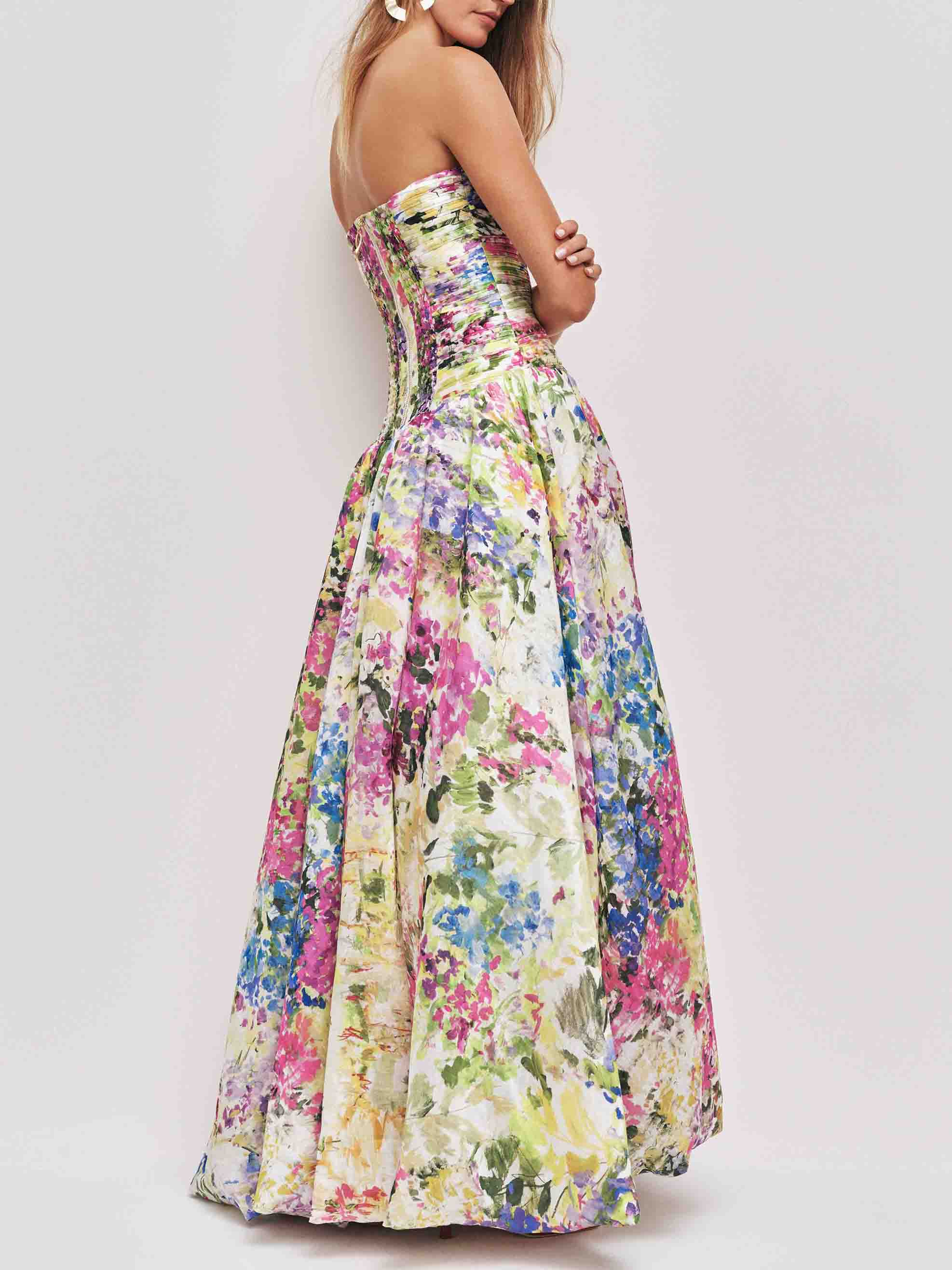 Elegant Strapless Floral Print High-Low Maxi Dress
