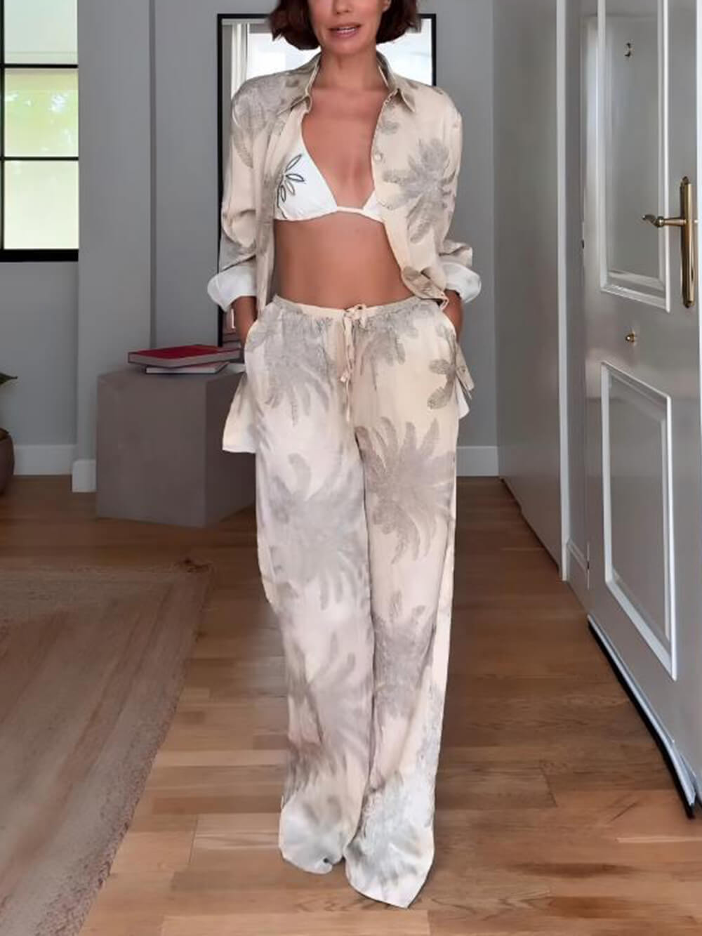 Summer Unique Palm Leaf Print Loose Button-Down Oversized Shirt