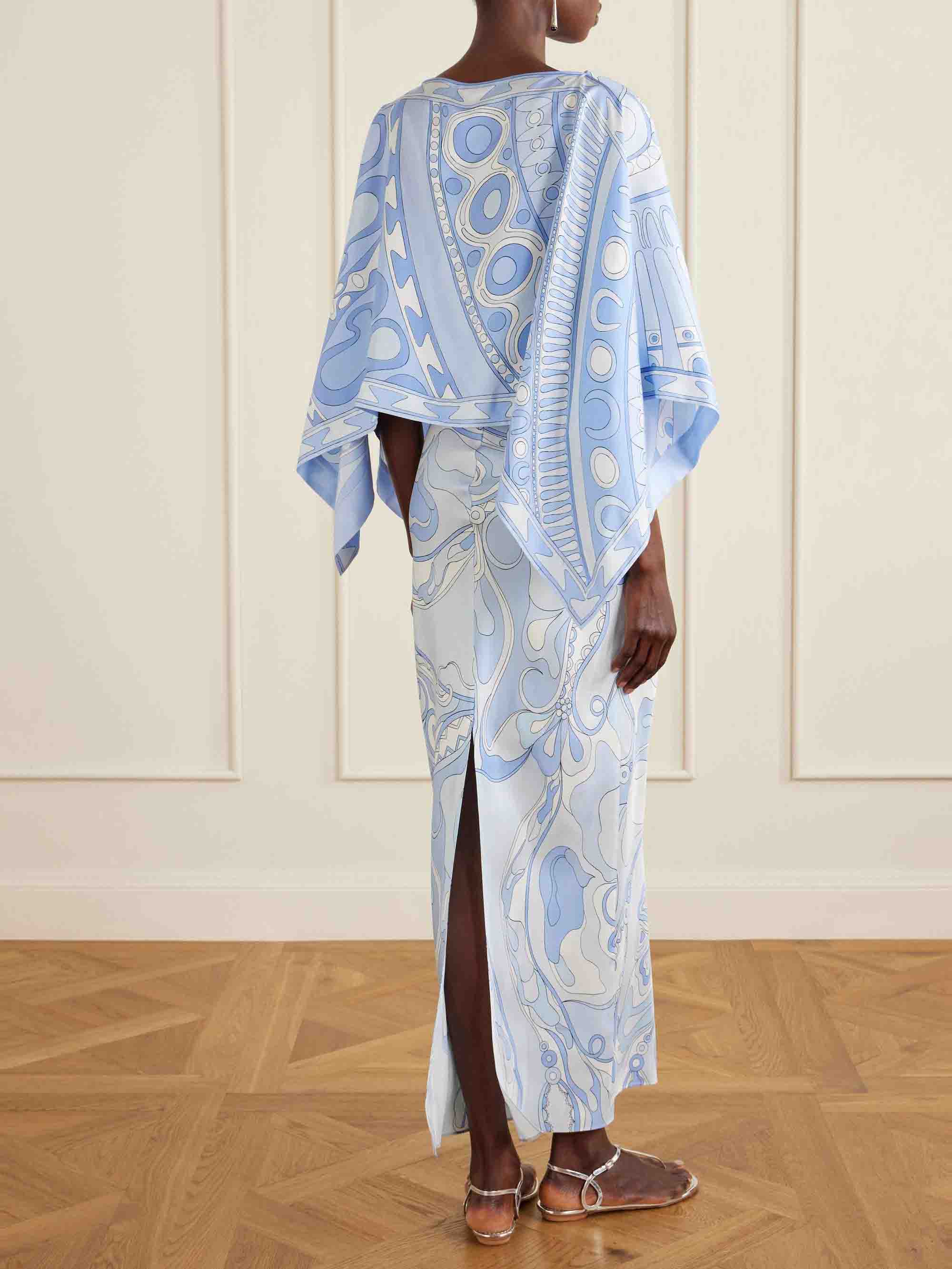 Elegant Abstract Print Cape Sleeve Satin Two-Piece Set