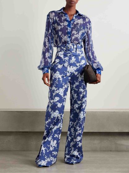 Exquisite Floral Print Twill Wide-leg Pants