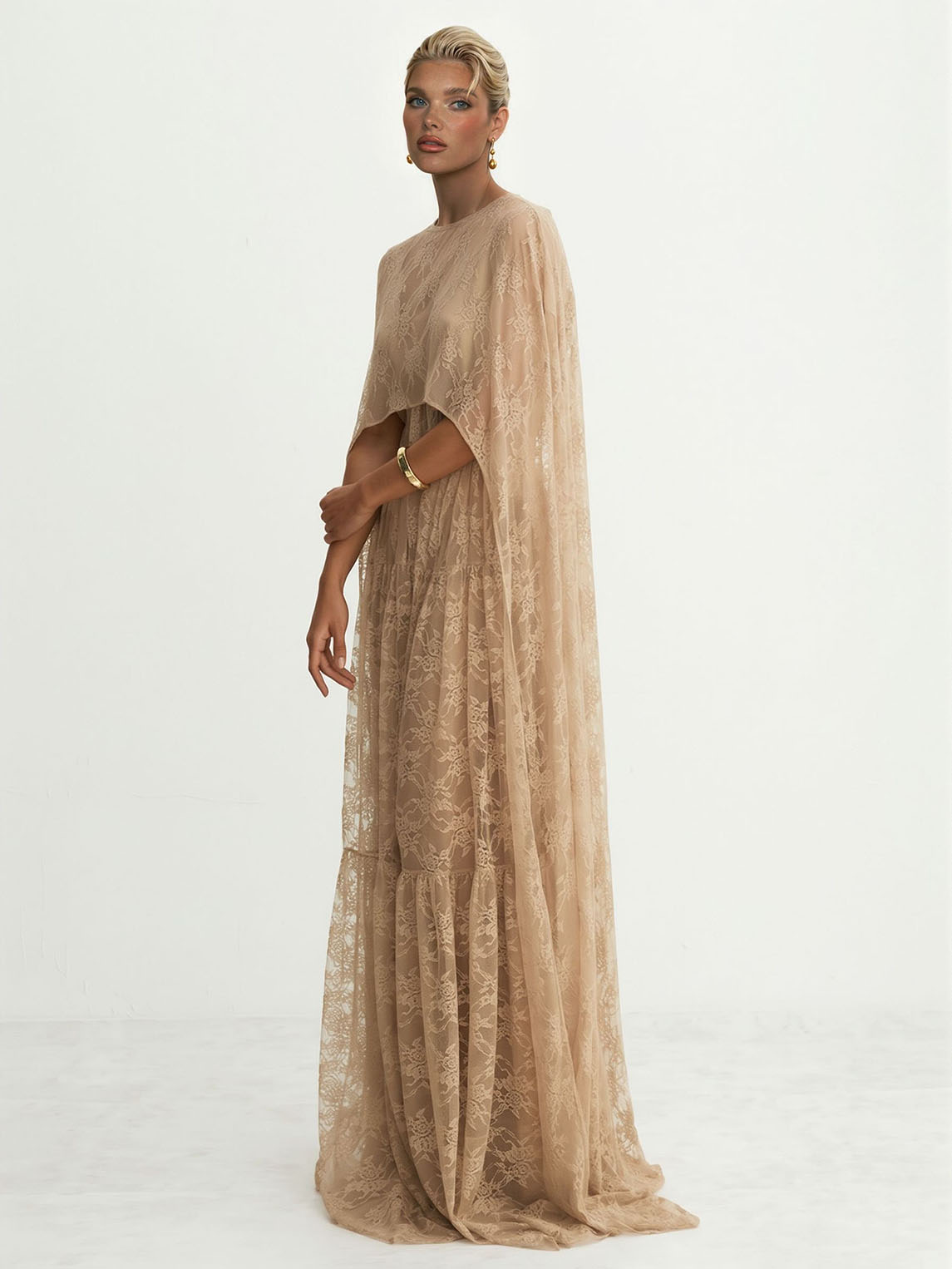 Elegant Tulle Lace Shawl Sleeve Maxi Dress