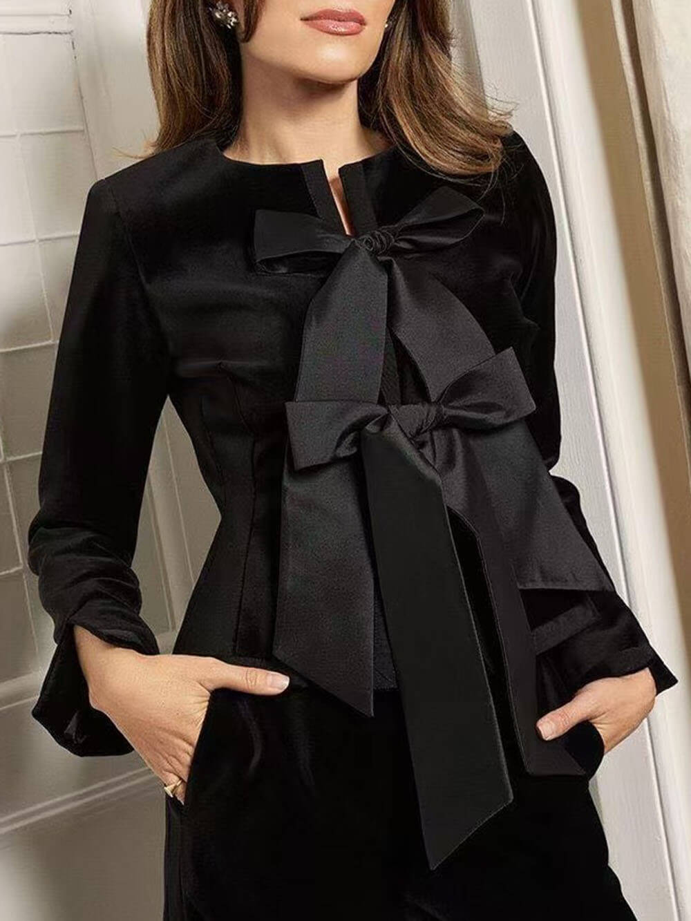 Elegant Bow-Tie Long-Sleeve French Blouse