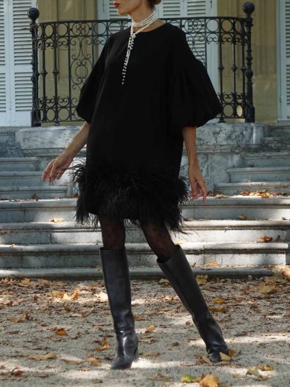 Elegant Crew Neck Feather Tassel Mini Dress