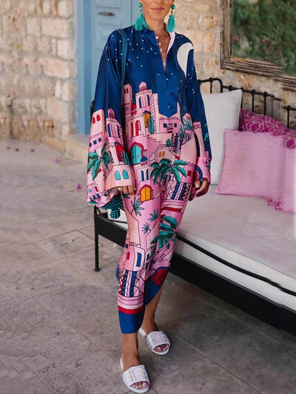 Unique Seaside Satin Print Button Up Long Sleeve Slit Kaftan Midi Dress