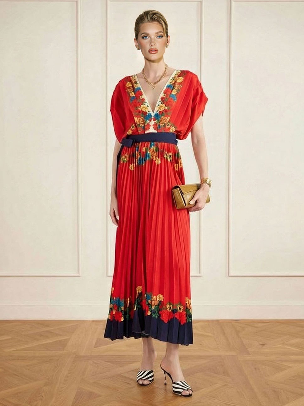 Exquisite V-Neck Pleated Print Maxi Dress