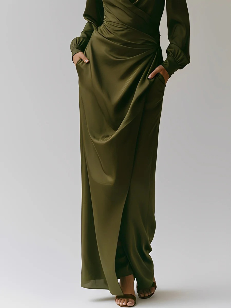 Elegant Satin Draped Shirt Maxi Dress