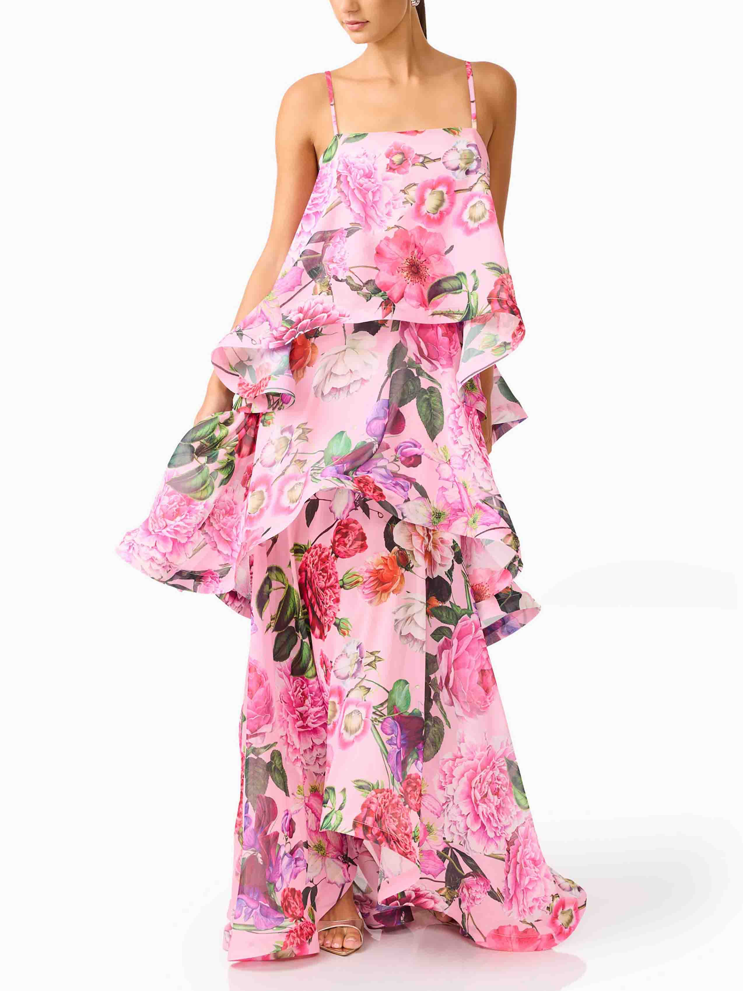 Elegant Pink Floral Spaghetti Strap Tiered Ruffle Flowy Maxi Dress