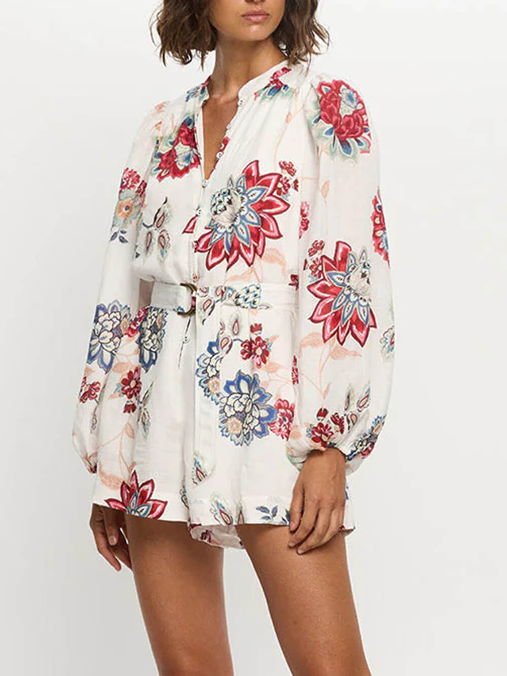 Elegant Floral Print Lace-Up Linen Jumpsuit