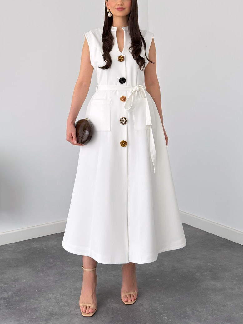 Elegant High Neck Tie-Waist Midi Dress