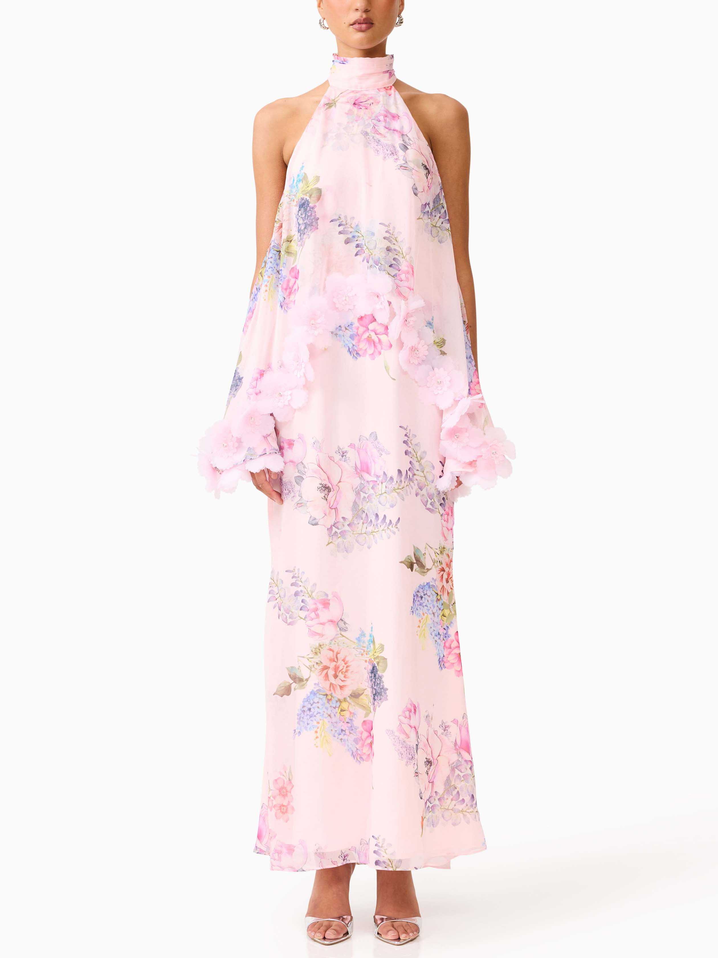 Elegant Pink Floral Applique Halter Maxi Dress