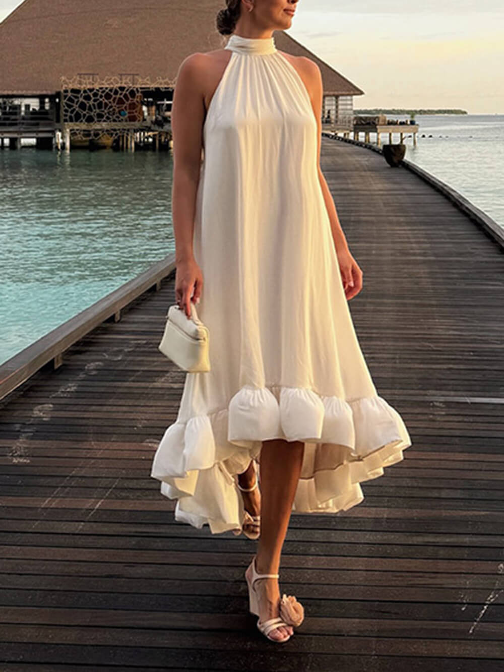 Elegant Ruffled Halter Neck Sleeveless Dress