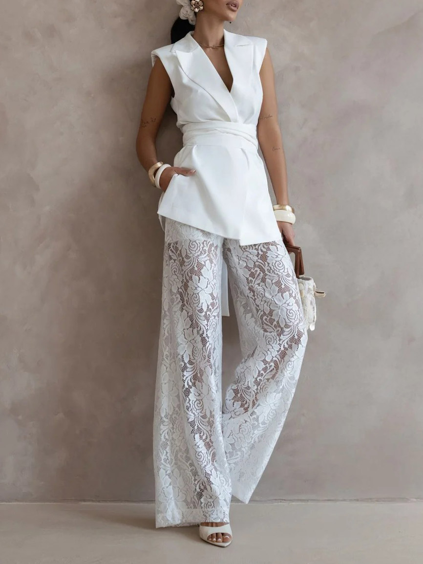 Elegant Sleeveless Blazer Top & Floral Lace Wide-Leg Pants Two-Piece Set