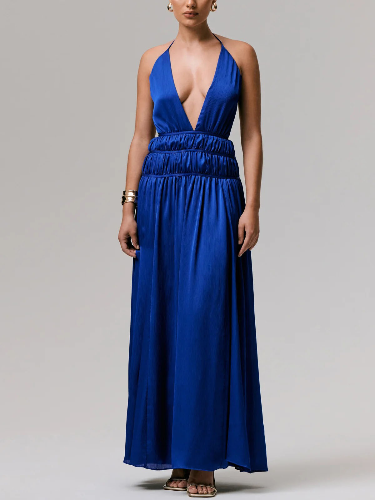 Exquisite Halterneck Lace-up Deep V-neck Satin Maxi Dress