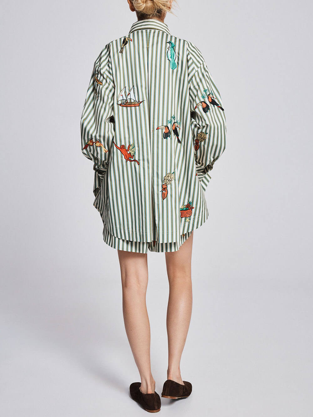 Unique Striped Print Button-Up Long-Sleeve Shirt and Elastic Waist Drawstring Shorts Set