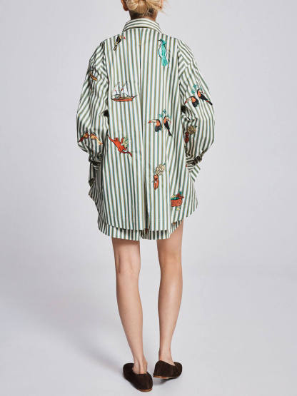 Unique Striped Print Button-Up Long-Sleeve Shirt and Elastic Waist Drawstring Shorts Set